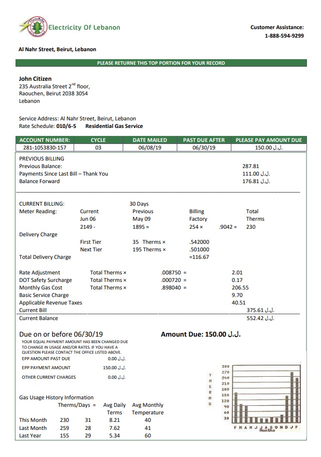 Lebanon Electricity of Lebanon utility bill template in Word and PDF format